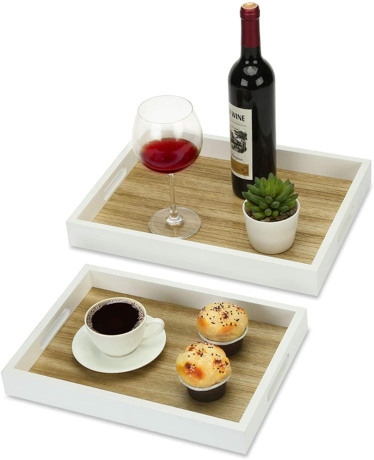 Set of 2, Brown and White Wood Nesting Serving Tray with Cutout Handles-MyGift