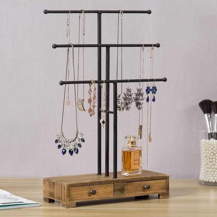 Black Metal T-Bar Jewelry Display Stand w/ Wooden Base & Ring Drawers-MyGift