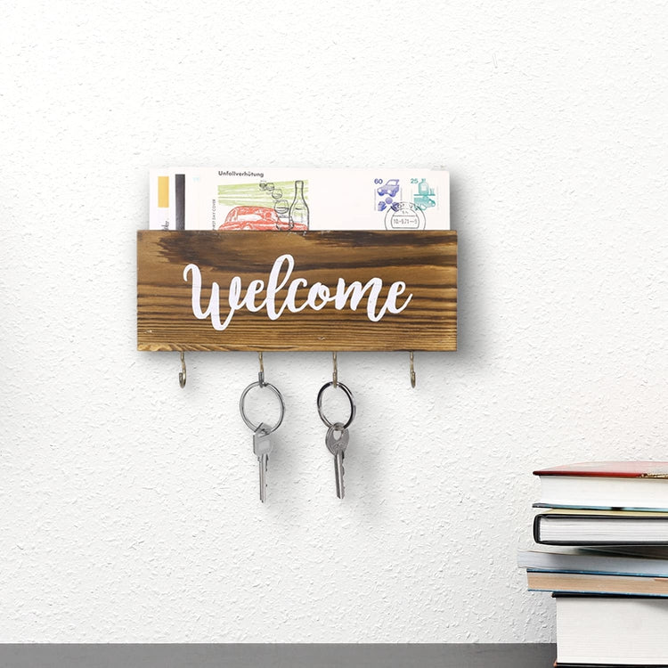 Burnt Wood Wall Mounted Entryway Mail Holder with 4 Brass Tone Key Hooks and White Cursive "Welcome" Script-MyGift