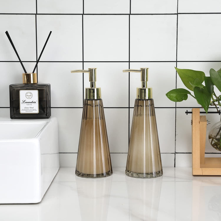 Set of 2, Smoked Glass and Brass Liquid Soap or Lotion Pump Dispenser with Vertical Ribbed Design-MyGift