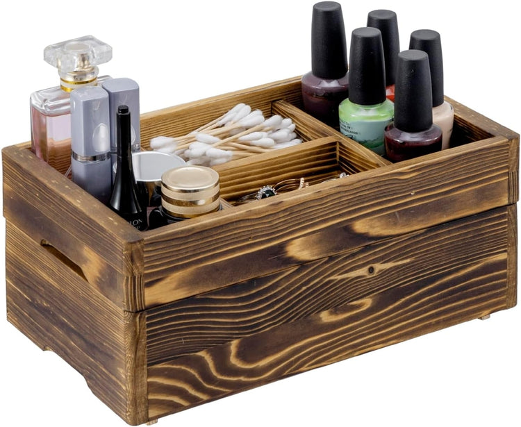 Tiered Burnt Wood Stackable Modular Vanity Storage Organizer Box, Decorative Countertop Caddy with Interchangeable Trays-MyGift