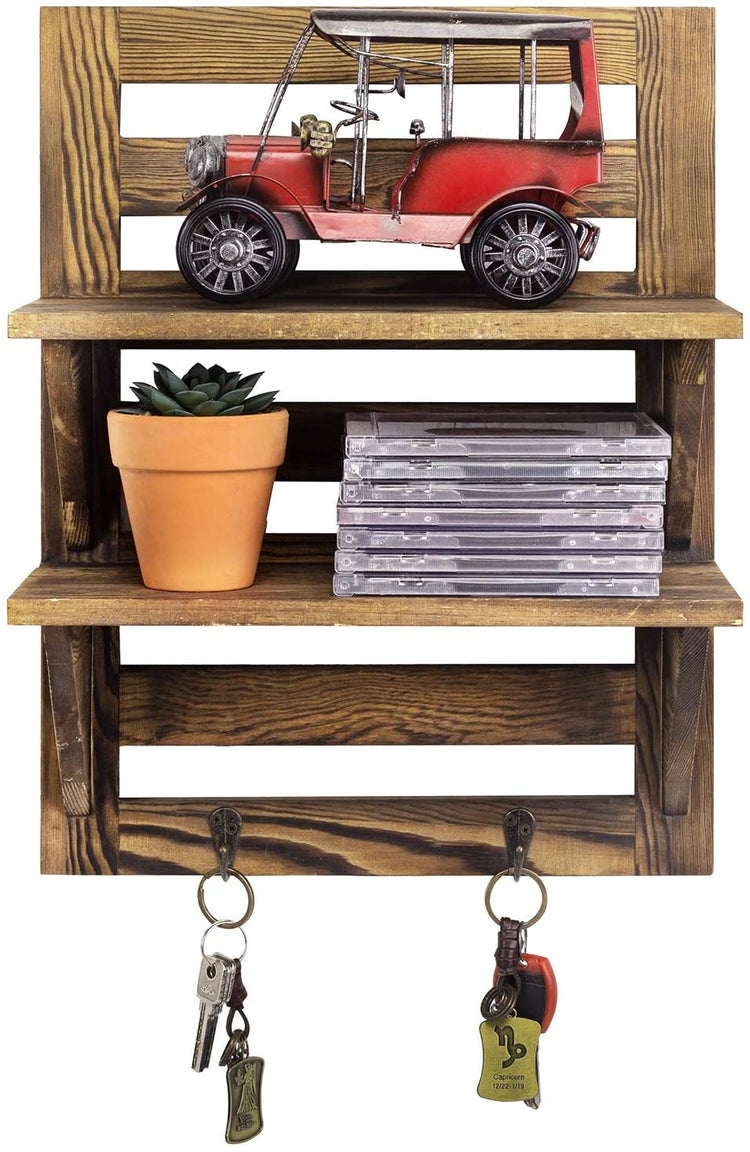 Dark Brown, 2-Tier Wall Mounted Wood Floating Shelf Rack with 2 Key Hooks-MyGift