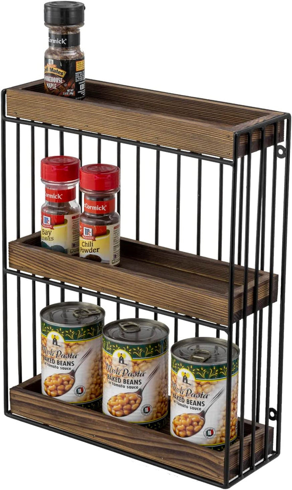 3 Tier Industrial Spice Rack, Matte Black Metal and Burnt Wood Wall Mounted Hanging Kitchen Jar Condiment Bottle Shelf-MyGift