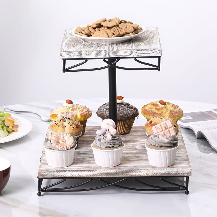 2 Tier Whitewashed Wood Cupcake Holder Stand with Black Metal Wire Trim Dessert Riser Tray-MyGift