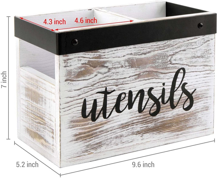 Wood Utensil Holder, 2 Compartment Whitewashed Wood and Black Metal Utensil Organizer, Cutlery Flatware Storage Caddy-MyGift