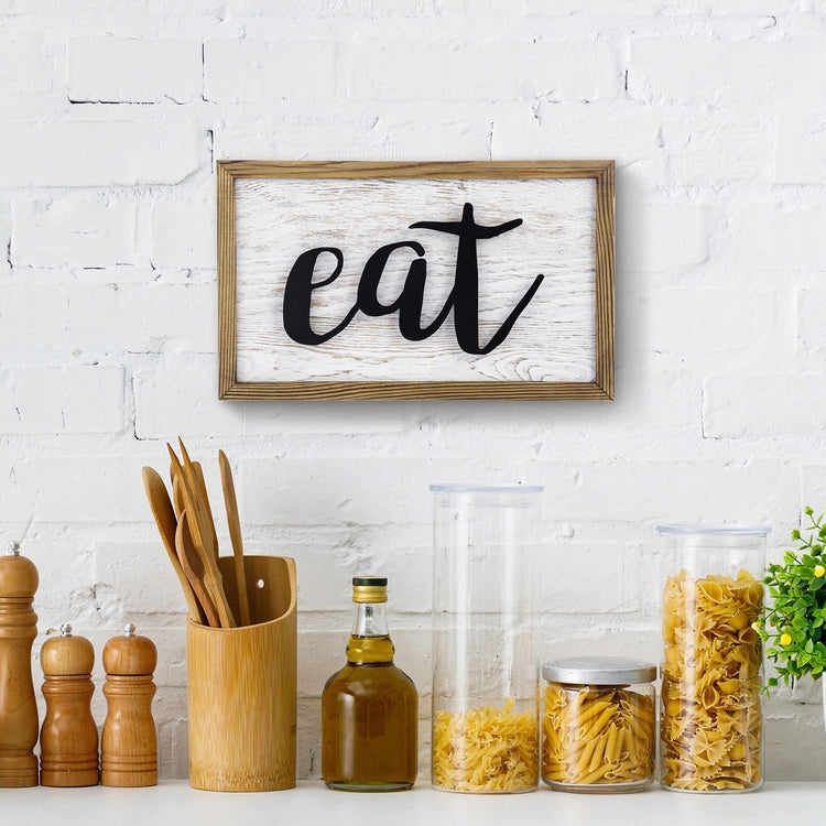 EAT Wall Art Sign, Hanging Whitewashed Wood and Matte Black Cursive Eat  Word Sign with Burnt Wooden Frame