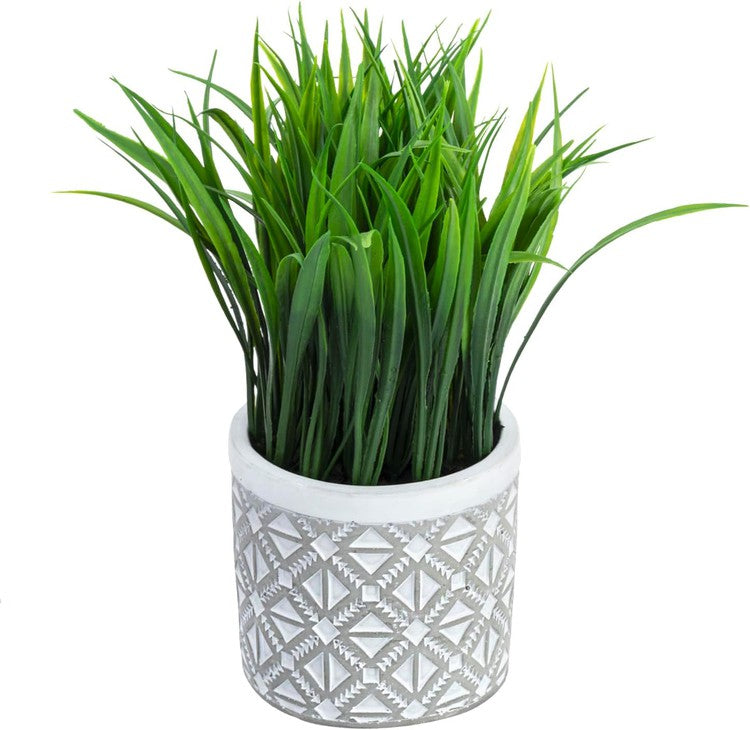 Artificial Green Grass Plants in Modern Concrete Pot, Centerpiece Decorative Round Planter-MyGift