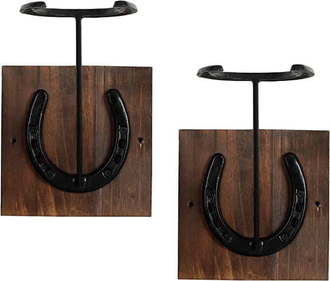 Vintage Burnt Wood Cast Iron Horseshoe Design Western Style Cowboy Hat, Hat Rack, Set of 2-MyGift