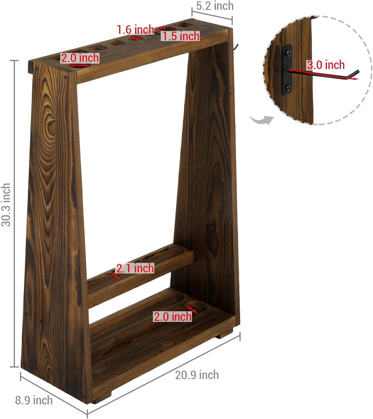 Burnt Brown Wood Freestanding Billiards Accessories Rack, Floor Standing Pool Cue Holder, Ball Shelf, and Triangle Hook-MyGift
