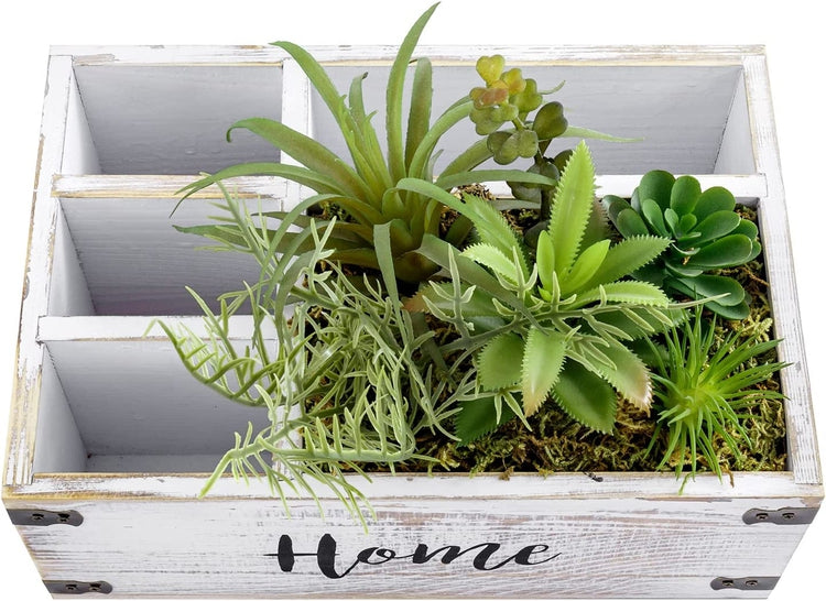 Whitewashed Wood Remote Control Caddy with Artificial Succulent Planter, Black Metal Accents, Cursive "Home" Lettering-MyGift