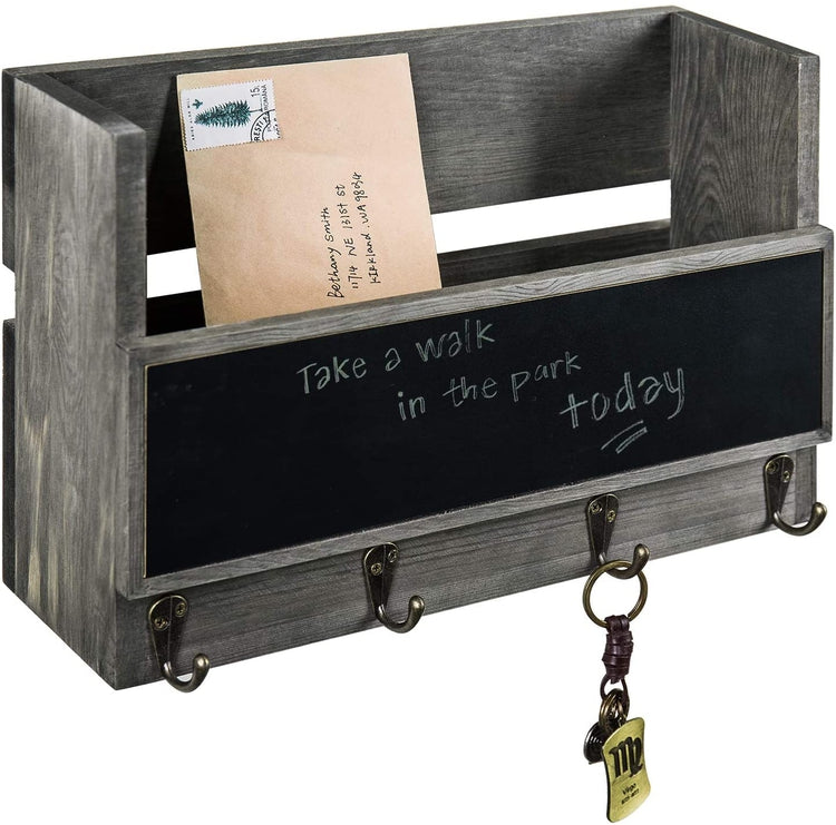 Vintage Gray Wood Wall Mounted Mail Holder with Chalkboard & Key Hooks-MyGift