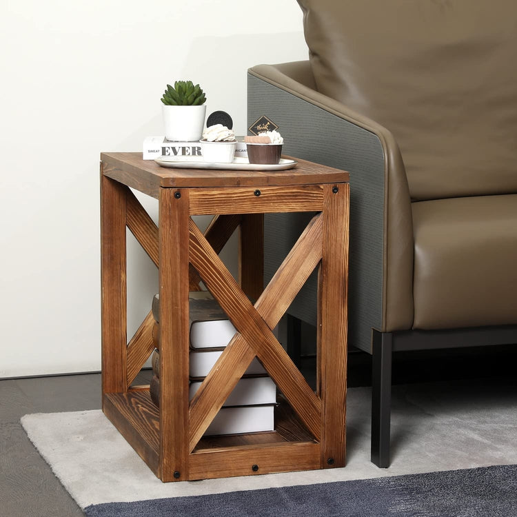 Rustic Farmhouse Burnt Wood Rectangular Side End Table with Storage-MyGift