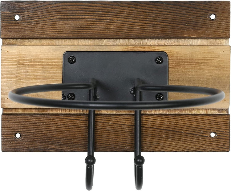 Wall Mounted Sports Storage Rack, Burnt Wood and Round Black Metal Ball Holder with Hanging Hooks-MyGift