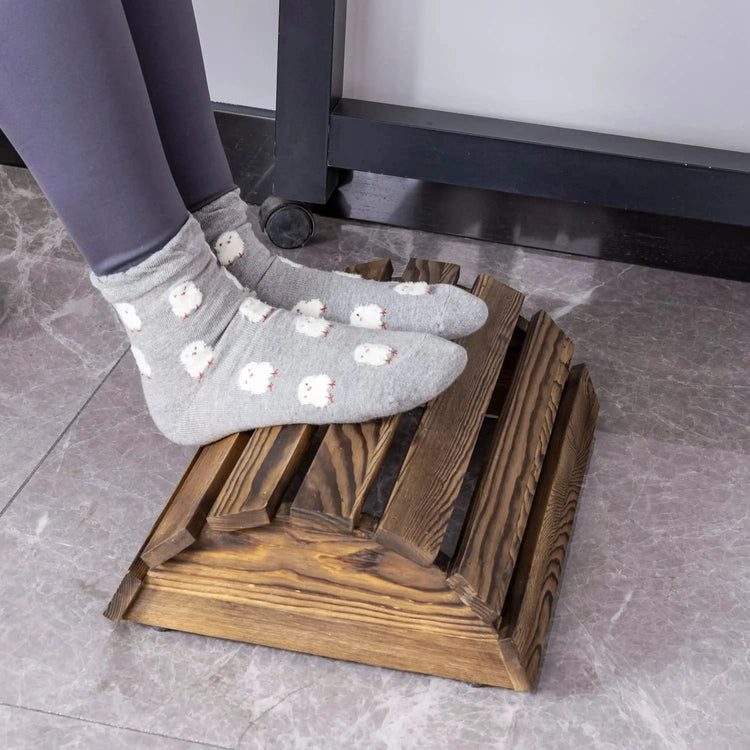 Burnt Wood Footrest, Ergonomic Posture Support Foot Stool for Under Office Desk, Wood Slats Semicircle Design-MyGift