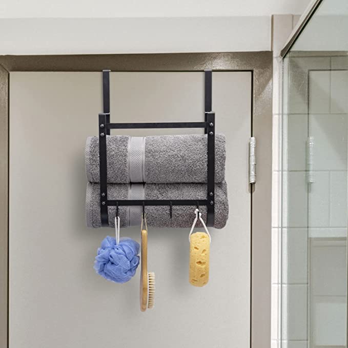 Black Metal Over The Door Rack, Bath Towel Hanging Storage Organizer with 4 Hooks-MyGift