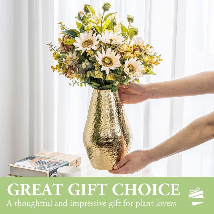 10 inch Tall Brass Tone Metal Flower Vase with Pebbled Texture, Hammered Centerpiece Holder for Floral Arrangements-MyGift
