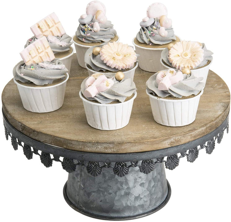 Galvanized Silver Metal Scalloped Rim and Wood Top Cake Stand, Dessert Display Riser-MyGift