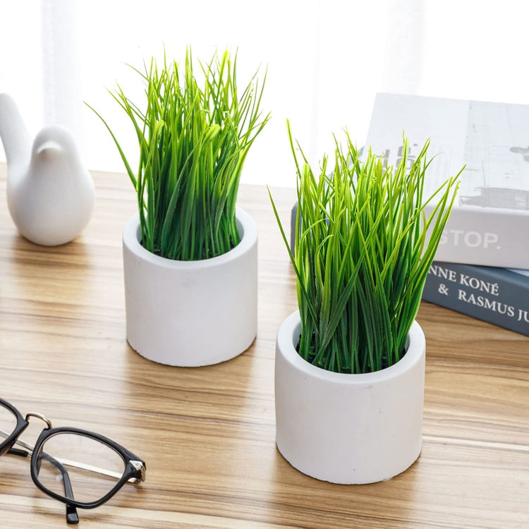 Set of 2, Tabletop Artificial Grass Plants Faux Greenery Plant Potted in Cylindrical White Cement Pots-MyGift