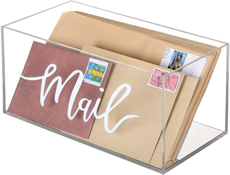 Clear Acrylic Desktop Mail Storage Box with Reflective Silver Mirror Base and White MAIL Cursive Lettering Label-MyGift