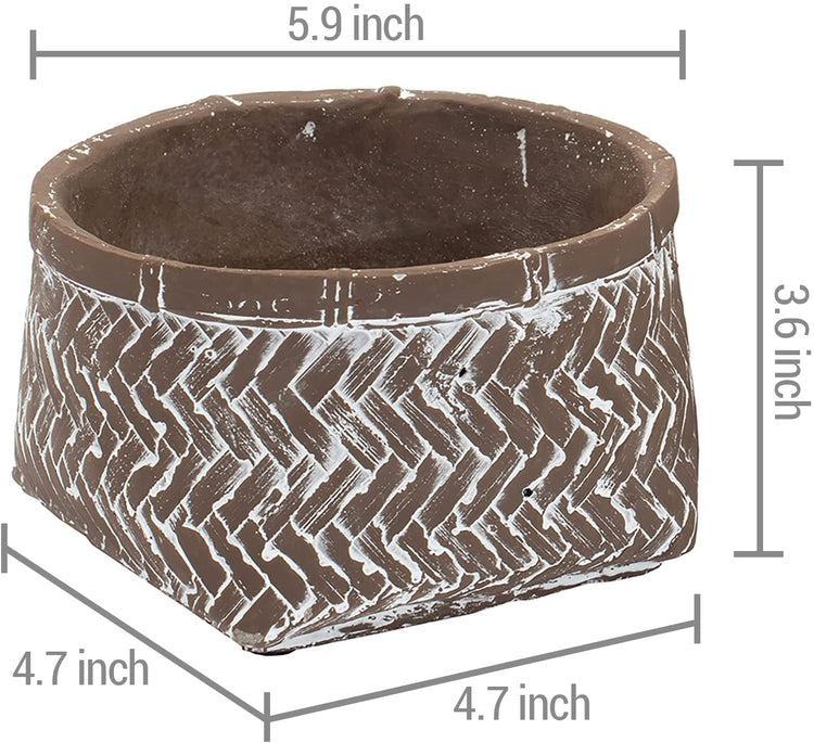 Set of 2, 6-Inch Brown Concrete Indoor Plant Pots with Rattan Design, Small Planters Succulent Cactus Container-MyGift
