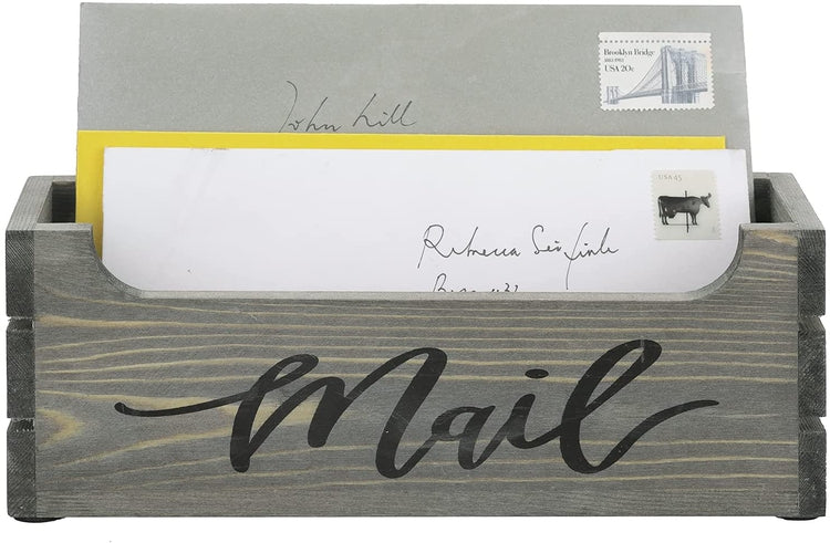 Gray Wood Crate Style Mail Sorter Box, Letter Organizer with Black Cursive "Mail" Writing-MyGift
