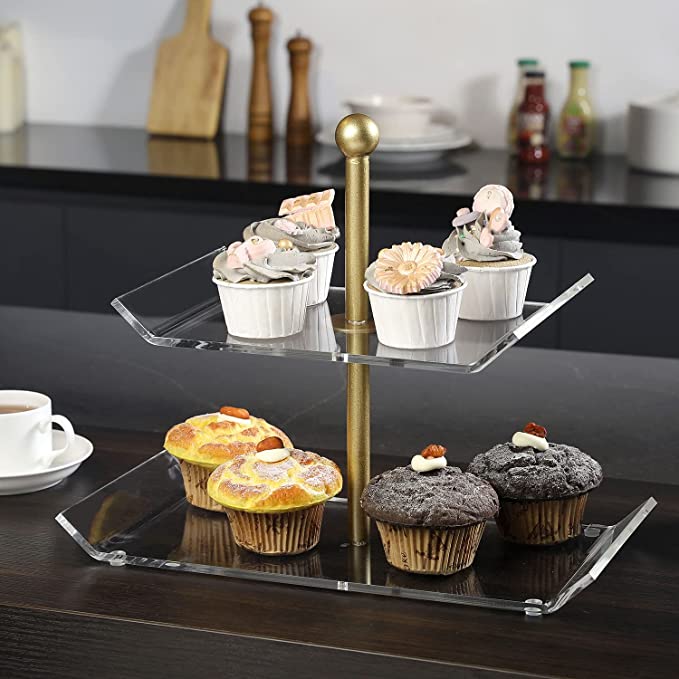 2-Tier Pastry Riser Stand, Cupcake Holder, Clear Acrylic Serving Tray Tower with Brass Tone Metal Pillar-MyGift