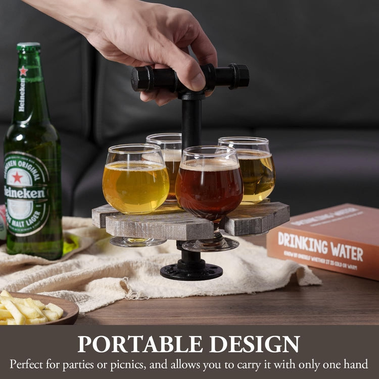 Torched Wood Beer Flight Set, Whiskey Serving Tray with Black Metal Pipe Handle and 4 Small Snifter Tasting Glasses-MyGift