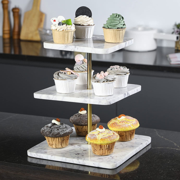 Square Natural White Marble Commercial 3 Tier Cupcake Dessert Display Retail Riser Stand-MyGift