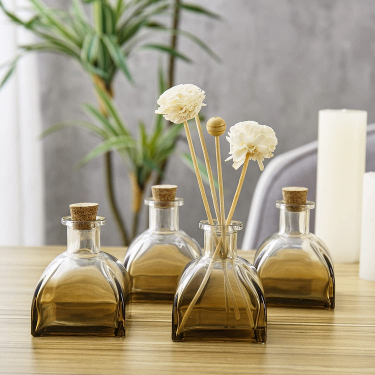 Decorative Glass Bottles, Set of 4, Smokey Gray Tinted Square Diffuser Bottles, Flower Bud Vase Jars with Cork Lids-MyGift