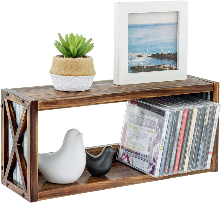Farmhouse Style Burnt Brown Wood Floating Shelves with Corrugated Galvanized Metal Side Panels-MyGift
