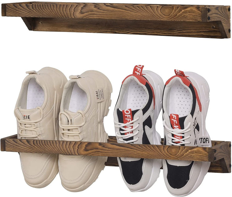 Set of 2, Burnt Wood Wall Mounted Shoe Storage Rack, Entryway Footwear Organizer Holder-MyGift