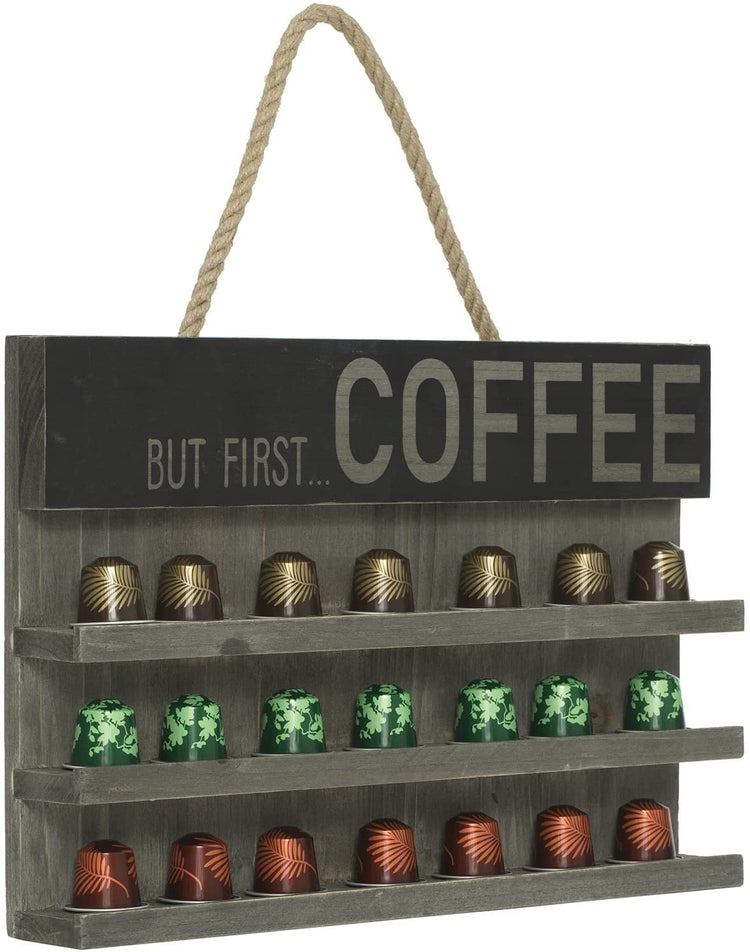 Wall Mounted Coffee Pod Storage Holder Shelves in Gray Washed Wood with Hanging Rope, BUT FIRST COFFEE Printed-MyGift