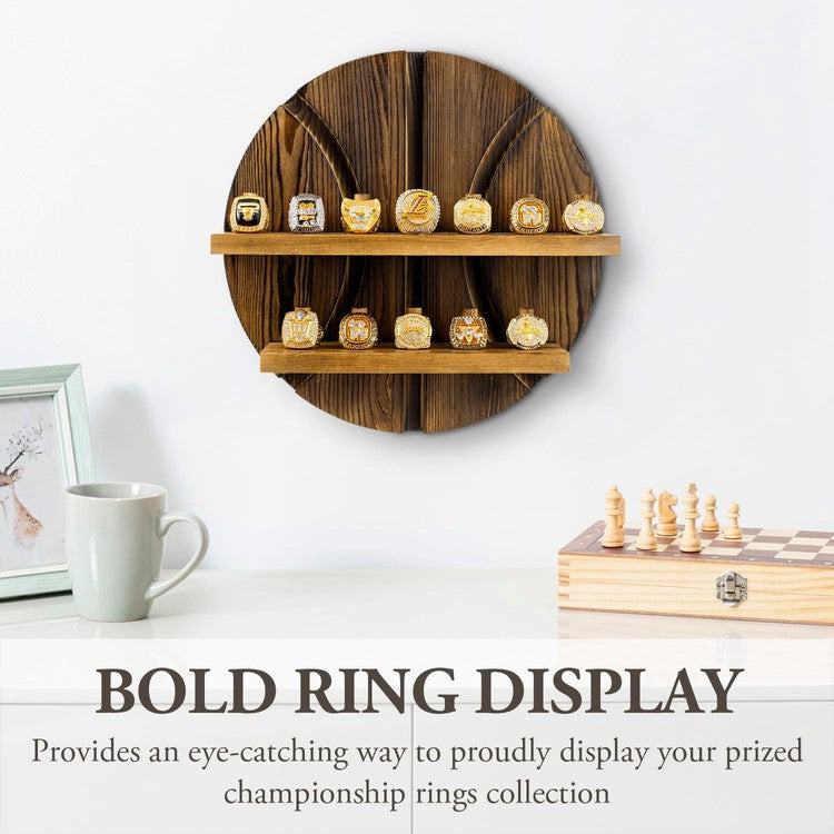 2 Tier Wall Mounted Brown Wood Sports Championship Ring Holder, Jewelry Storage Display-MyGift