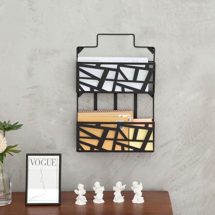 Black Metal 2 Tier Mail Holder Wall Mounted Storage Basket Letter Organizer with Laser Cut Geometric Abstract Design-MyGift