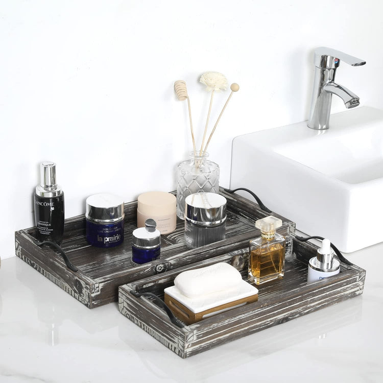 Set of 2, Torched Wood Rectangular Jewelry and Vanity Trays with Matte Black Metal Handles - Small and Large-MyGift