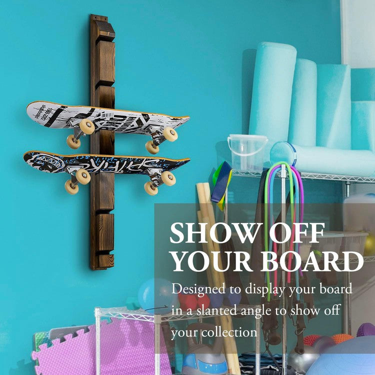 Wall Mounted Wood Skateboard Display Rack, Hanging Longboard Storage Organizer, Holds 6 Boards-MyGift