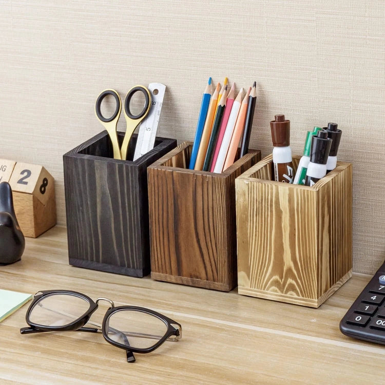 Set of 3, Desktop Pencil Cup Holder, Square Solid Wood Stationery Supply Pen Cup, Mixed Colors Light Brown, Brown, Black-MyGift