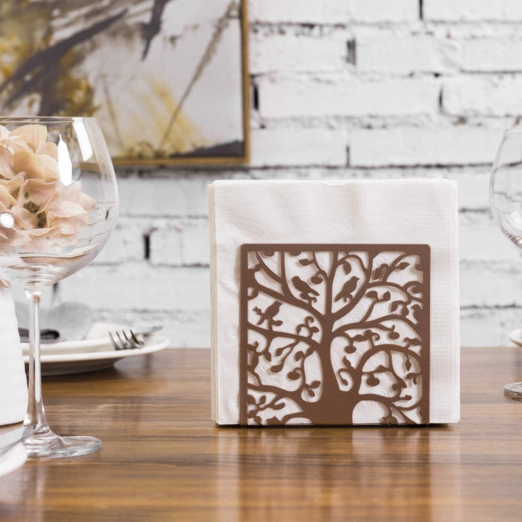 Rose Gold-Tone Metal Tabletop Napkin Holder, Tree and Bird Design Freestanding Tissue Dispenser-MyGift