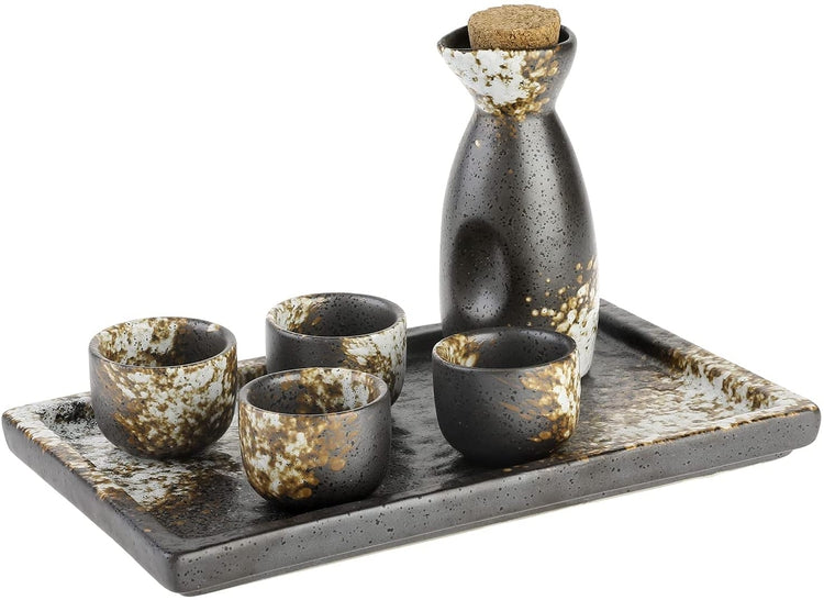 Japanese Dark Brown and White Speckled Ceramic Sake Set, with 4 Shot Glasses, Serving Tray, and Carafe Bottle, Cork Lid-MyGift