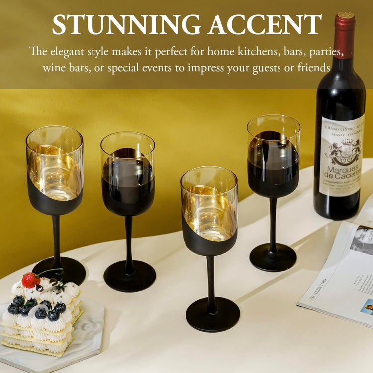 Set of 4, 14 oz Tilted Matte Black and Gold Tone Plated Round Stemmed Wine Goblet Glasses, Angled Dipped Stemware-MyGift