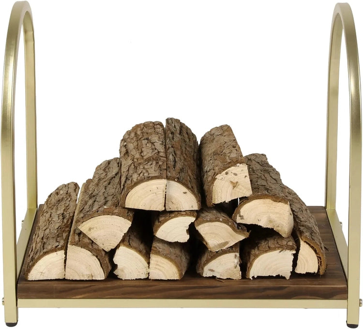 Firewood Rack Fireplace Log Holder, Modern Brass Tone Metal and Burnt Solid Wood Freestanding Stacking Lumber Stand-MyGift
