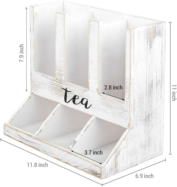 Tea Station Organizer, Whitewashed Wood Tea Bag Organizer, Tea Caddy Storage Dispenser with Black Cursive Lettering TEA-MyGift