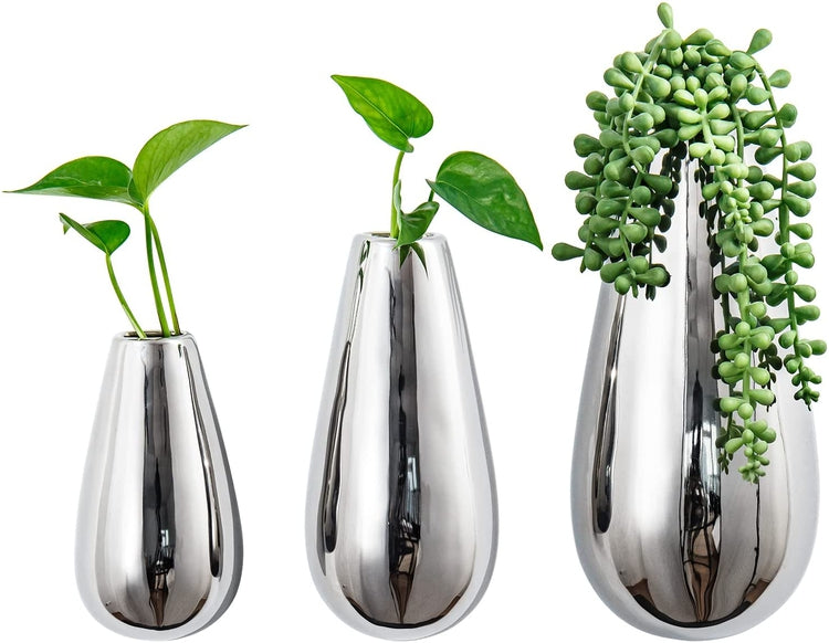 Set of 3, Wall Mounted Flower Vases, Silver Ceramic Oval Teardrop Shaped Plant Holders-MyGift