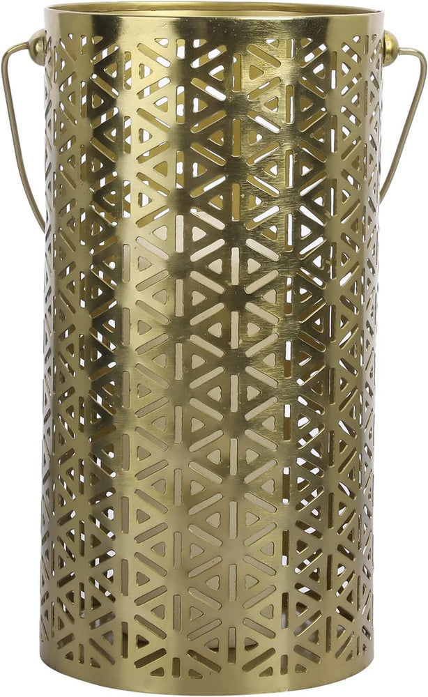 Retro Style Art Deco Geometric Cutout Pattern Brass Tone Metal Pillar Candle Holder with Handle-MyGift