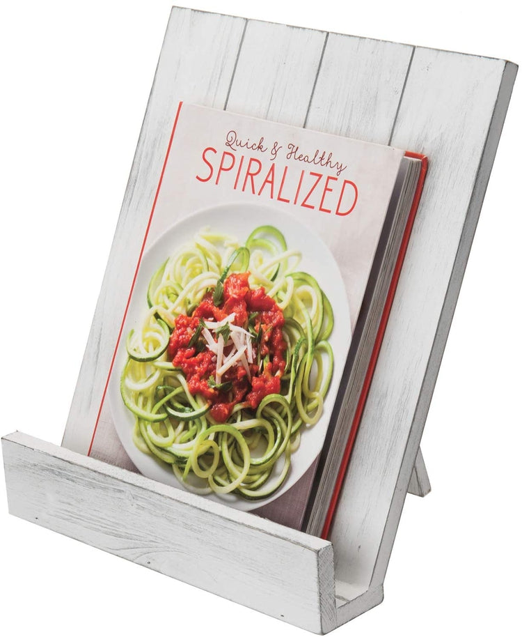 Distressed White Wood Cookbook Holder Stand with Folding Kickstand-MyGift