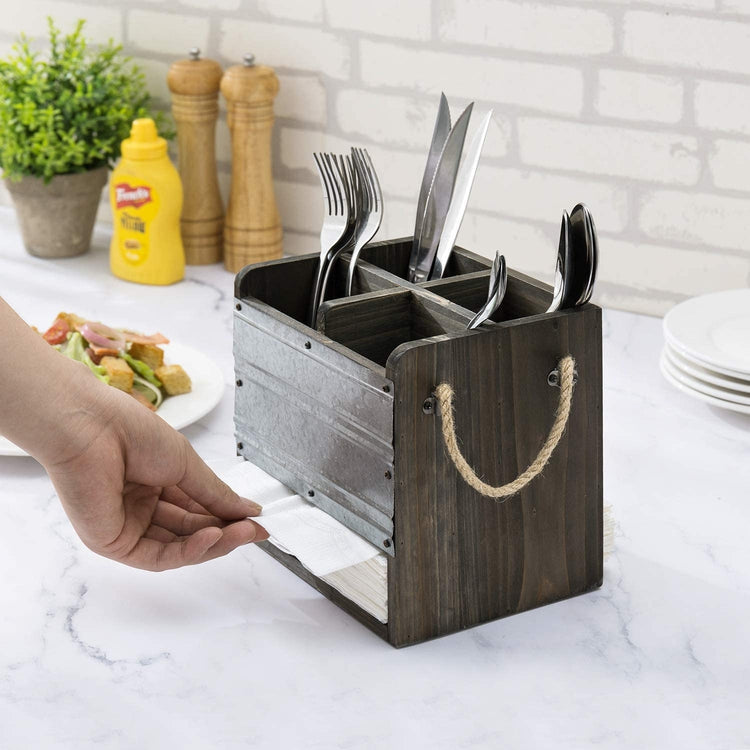 Dark Gray Rustic Wood & Galvanized Metal Dining Utensils Holder Caddy w/ Napkin Slot-MyGift