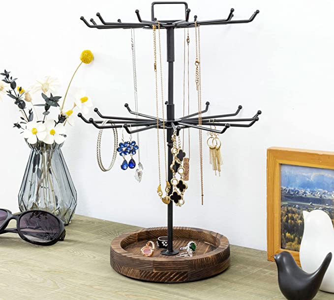 Black Metal & Burnt Wood Base Rotating 2 Tier Jewelry Tree Organizer with 24 Hooks & Top Handle Card Holder-MyGift