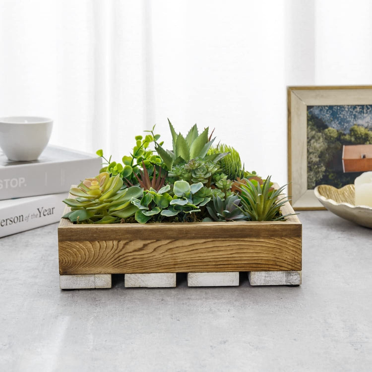 Artificial Succulent Plant Arrangement, Decorative Centerpiece in Brown and Whitewashed Wood Crate Style Planter Box-MyGift