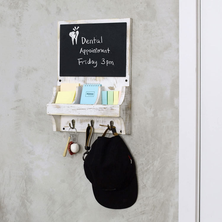 Whitewashed Wood Wall Organization Set with Chalkboard, Mail Holder, and 3 Dual Hooks for Keys and Mask-MyGift