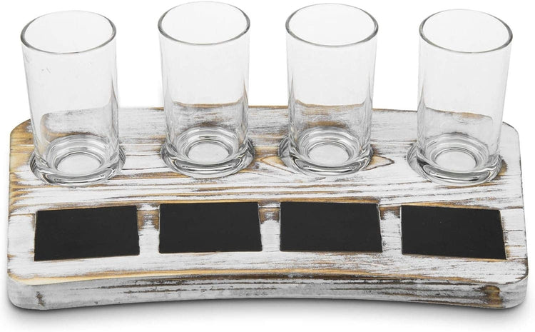 4-Glass Whitewashed Wood Beer Flight Sampler Serving Tray with Chalkboard Labels-MyGift